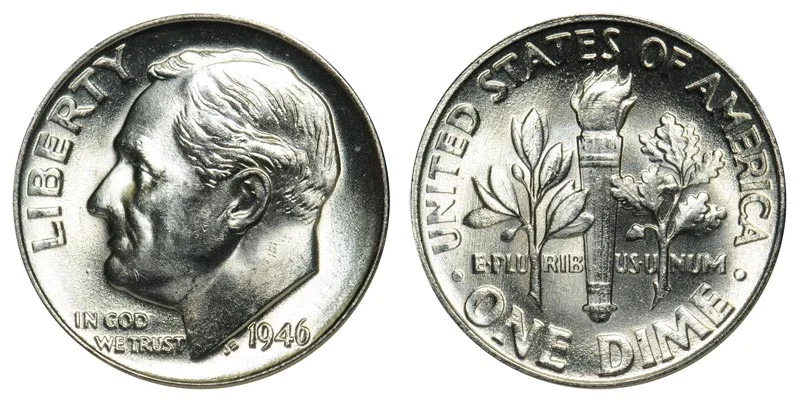 1946 Roosevelt dime obverse showing Roosevelt's profile and reverse showing torch, olive branch, and oak branch