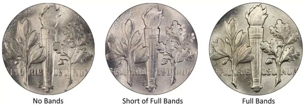 Side-by-side comparison of 1946 Roosevelt dime torch bands: weak partial bands on the left versus fully separated Full Bands designation on the right