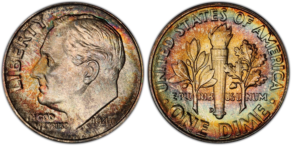 1946 Roosevelt dime reverse torch bands showing Full Bands designation with clearly separated upper and lower band pairs