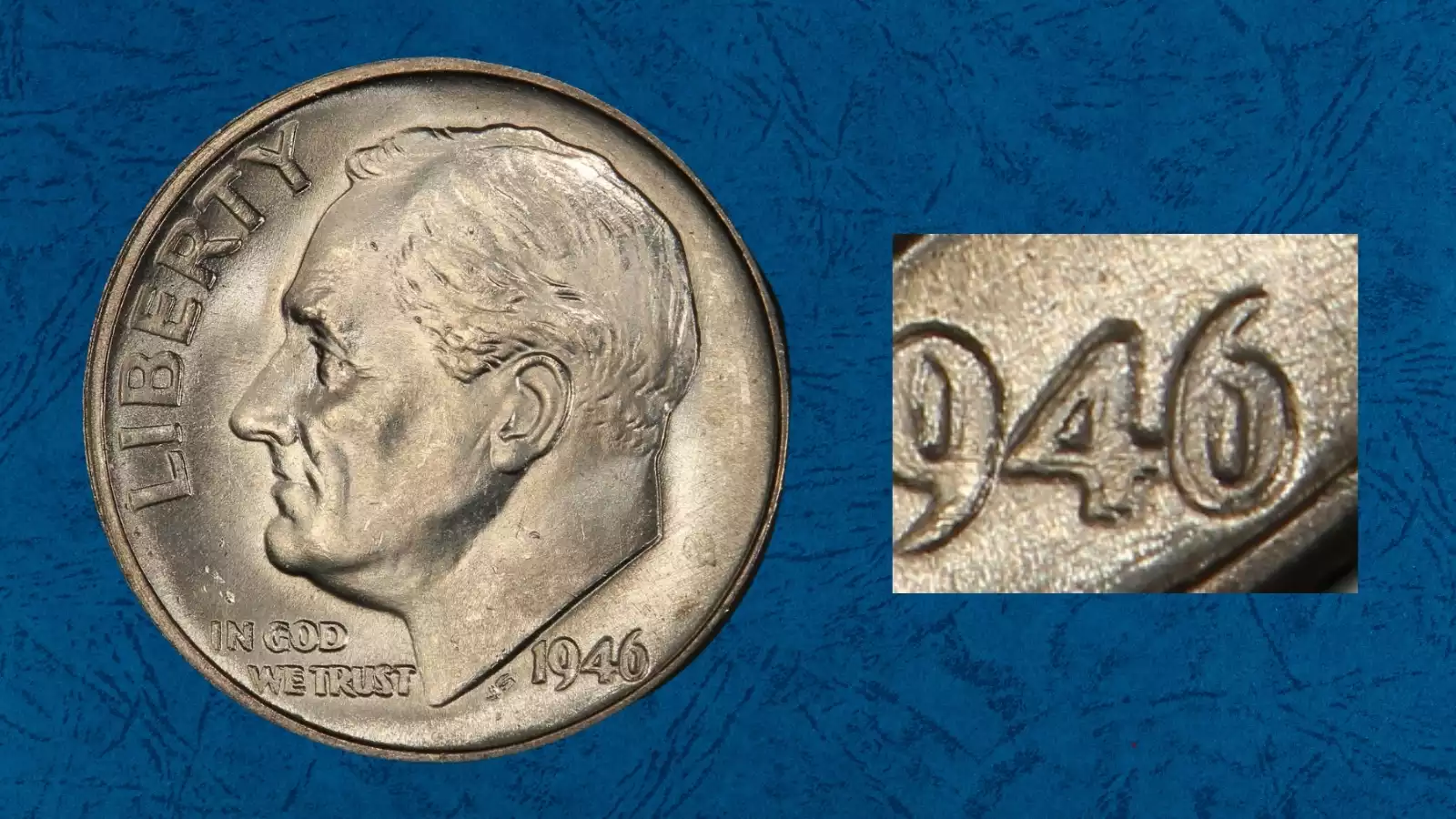 1946 Roosevelt dime obverse showing Doubled Die Obverse FS-101 with visible doubling on IN GOD WE TRUST lettering and designer initials