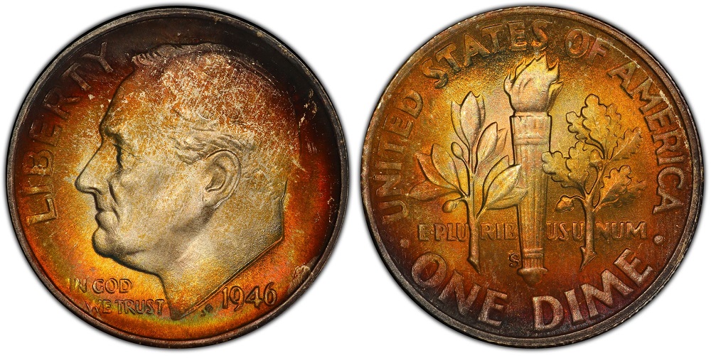 1946-S Roosevelt dime reverse showing Repunched Mintmark FS-501 with a visible secondary S impression offset from the primary mint mark