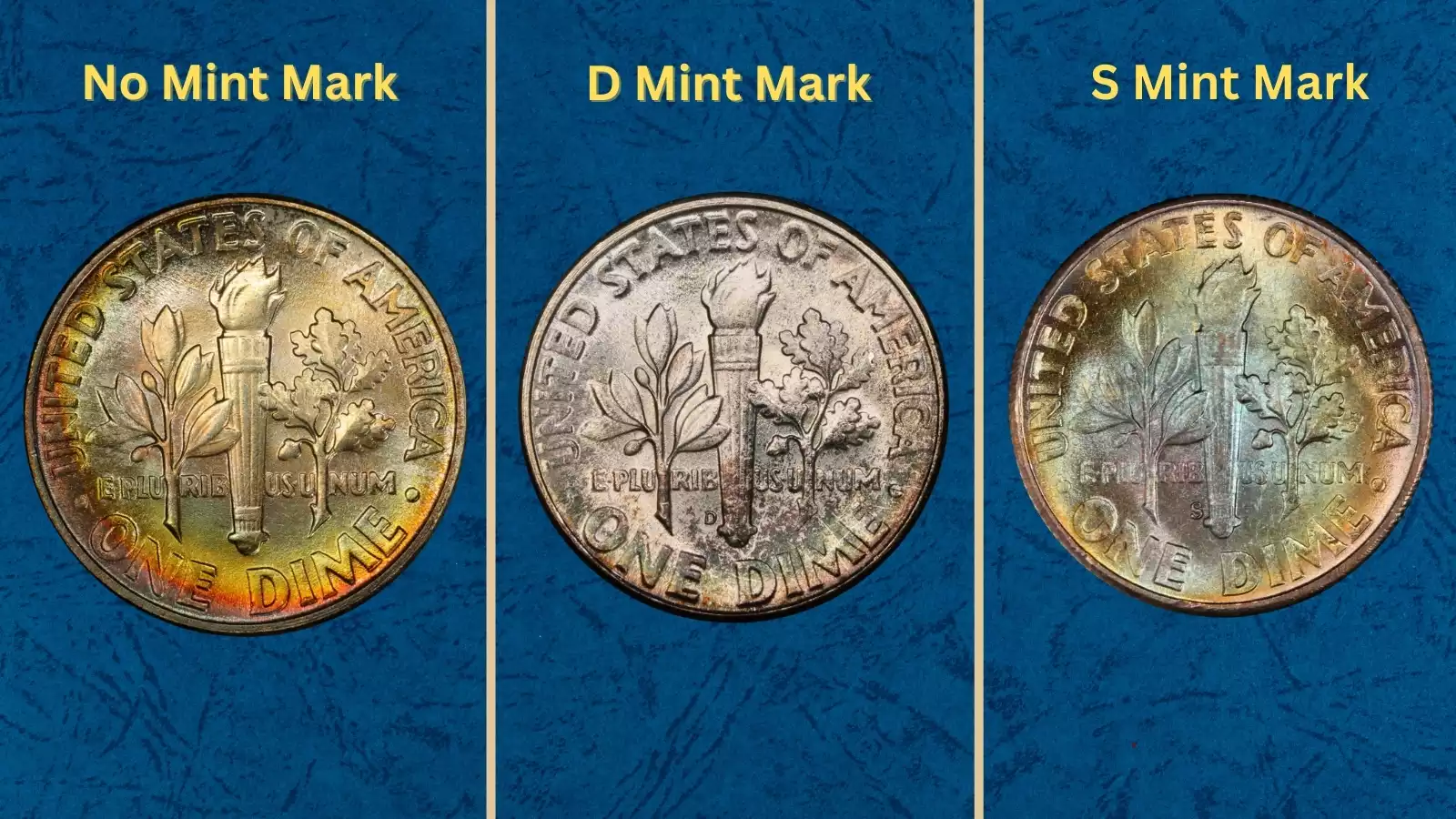 Group of 1946 Roosevelt dimes from all three mints — Philadelphia, Denver, and San Francisco — showing the differences in mintage volumes for the first year of the Roosevelt dime series