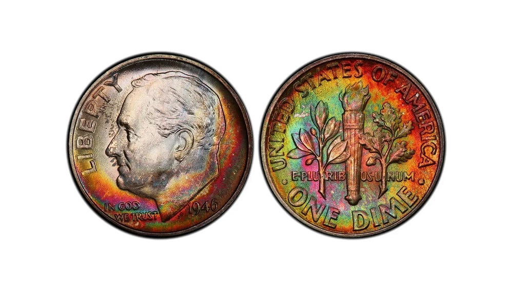 Grading strip of four 1946 Roosevelt dimes showing all four condition tiers from worn through gem uncirculated left to right